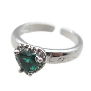 adjustable copper ring with heart pave green zircon, platinum plated, approx 9mm, 18mm dia