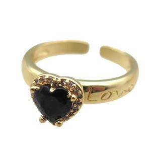 adjustable copper ring with heart pave zircon, gold plated, approx 9mm, 18mm dia