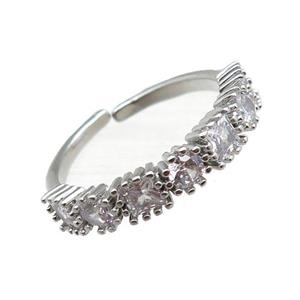 adjustable copper ring pave zircon, platinum plated, approx 4mm, 18mm dia