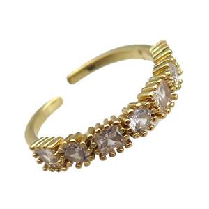 adjustable copper ring pave zircon, gold plated, approx 4mm, 18mm dia