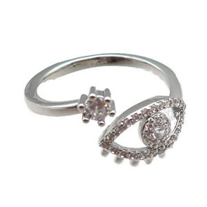 adjustable copper ring pave zircon, eye, platinum plated, approx 9mm, 18mm dia