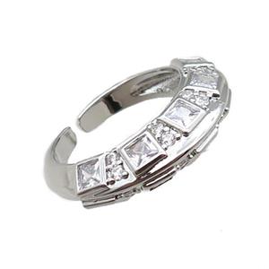 adjustable copper ring pave zircon, platinum plated, approx 7mm, 18mm dia
