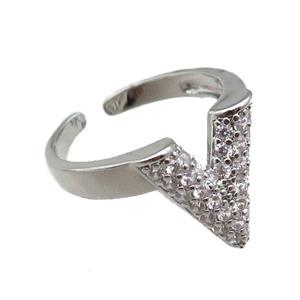 adjustable copper ring pave zircon, platinum plated, approx 14mm, 18mm dia
