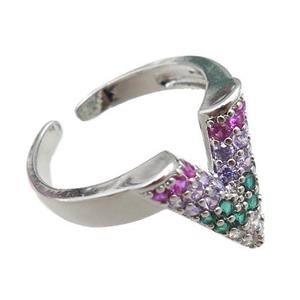 adjustable copper ring pave zircon, platinum plated, approx 14mm, 18mm dia