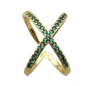 adjustable copper ring pave green zircon, gold plated, approx 16-20mm, 18mm dia