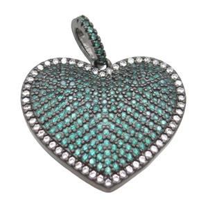 copper heart pendant pave green zircon, black plated, approx 22-24mm