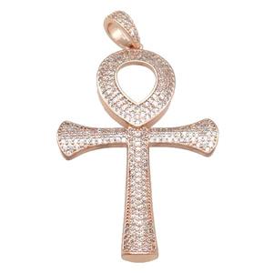 Copper Ankh Cross Pendant Pave Zircon Rose Gold, approx 33-48mm