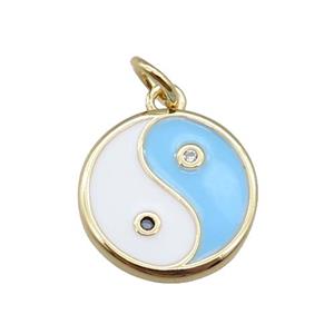 copper taichi pendant, enameled, gold plated, approx 13mm dia