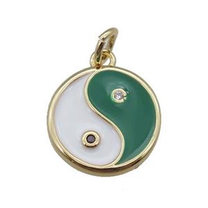 copper taichi pendant, yinyang, enameled, gold plated, approx 13mm dia