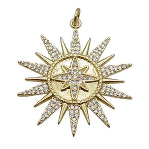 copper sun pendant pave zircon, gold plated, approx 32mm