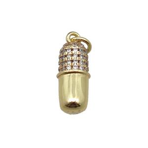 copper pill charm pendant pave zircon, gold plated, approx 6-13mm