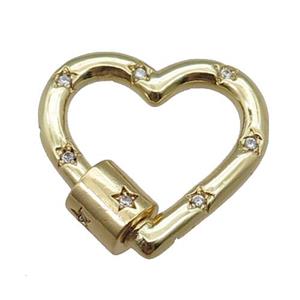 Copper Carabiner Clasp Pave Zircon Heart Gold plated, approx 22mm