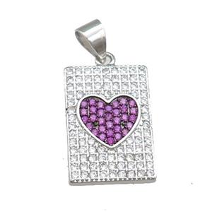 copper rectangle pendant pave zircon, heart, platinum plated, approx 12-18mm