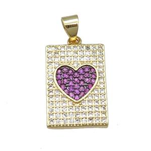 copper rectangle pendant pave zircon, heart, gold plated, approx 12-18mm