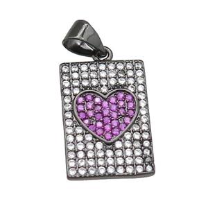 copper rectangle pendant pave zircon, heart, black plated, approx 12-18mm