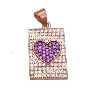 copper rectangle pendant pave zircon, heart, rose gold, approx 12-18mm