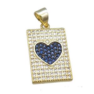 copper rectangle pendant pave zircon, heart, gold plated, approx 12-18mm