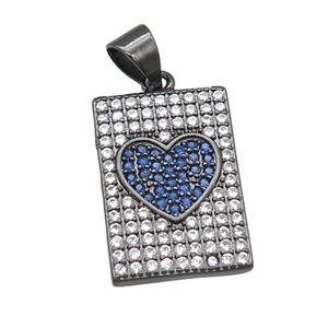 copper rectangle pendant pave zircon, heart, black plated, approx 12-18mm