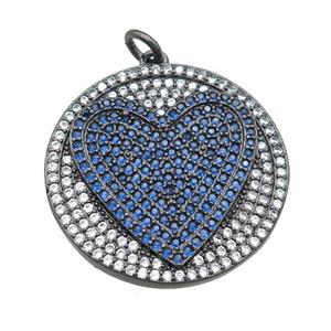 copper circle pendant pave blue zircon, heart, black plated, approx 25mm