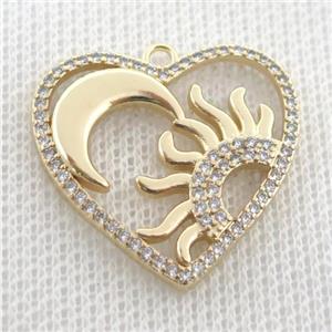 Copper Heart Pendant Pave Zircon Moon Sun Gold Plated, approx 25mm