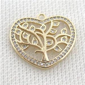 copper heart pendant pave zircon, treeoflife gold plated, approx 20-23mm