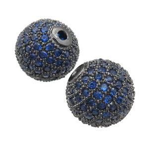 round copper beads paved blue zircon, black plated, approx 10mm dia