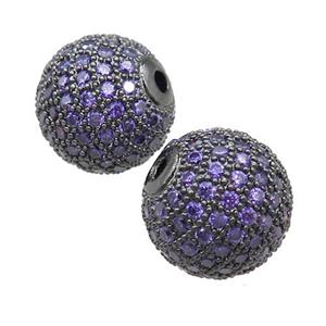 round copper beads paved purple zircon, black plated, approx 10mm dia