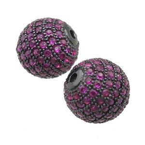 round copper beads paved hotpink zircon, black plated, approx 10mm dia