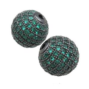 round copper beads paved green zircon, black plated, approx 12mm dia