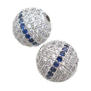 copper beads pave zircon, round, platinum plated, approx 12mm dia