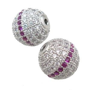 copper beads pave zircon, round, platinum plated, approx 12mm dia
