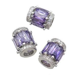 copper tube beads pave purple zircon, platinum plated, approx 10x12mm, 5mm hole
