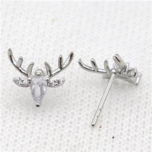 copper Reindeer Stud Earring paved zircon, platinum plated, approx 10-11mm