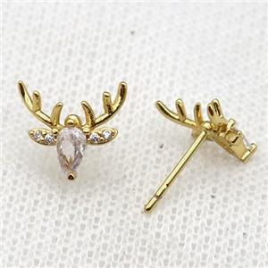 copper Reindeer Stud Earring paved zircon, gold plated, approx 10-11mm