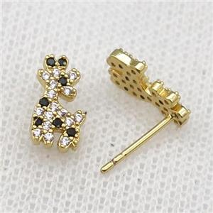 copper dog Stud Earring paved zircon, gold plated, approx 6-12mm