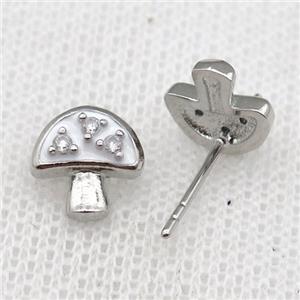 copper mushroom Stud Earring with white Enameled, platinum plated, approx 9mm