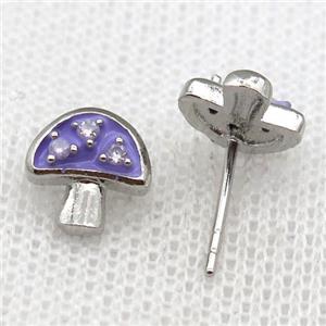 copper mushroom Stud Earring with purple Enameled, platinum plated, approx 9mm