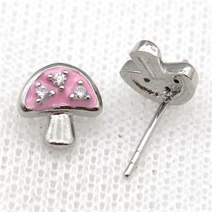 copper mushroom Stud Earring with pink Enameled, platinum plated, approx 9mm