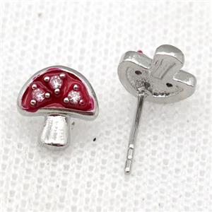 copper mushroom Stud Earring with red Enameled, platinum plated, approx 9mm