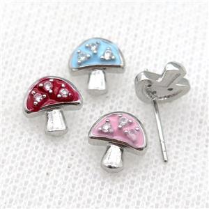 copper mushroom Stud Earring with Enameled, mix, platinum plated, approx 9mm