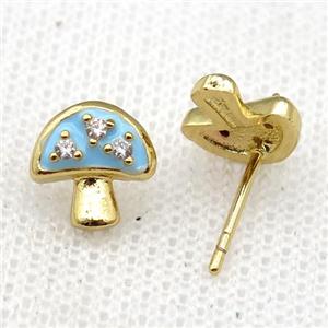 copper mushroom Stud Earring with blue Enameled, gold plated, approx 9mm