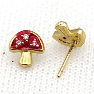 copper mushroom Stud Earring with red Enameled, gold plated, approx 9mm