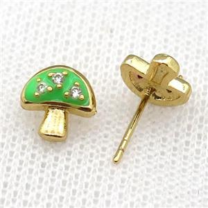 copper mushroom Stud Earring with green Enameled, gold plated, approx 9mm