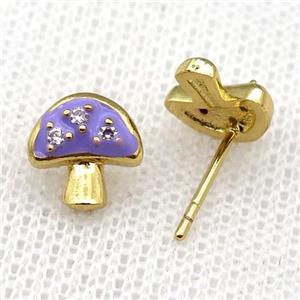 copper mushroom Stud Earring with purple Enameled, gold plated, approx 9mm