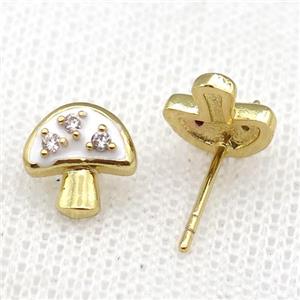 copper mushroom Stud Earring with white Enameled, gold plated, approx 9mm