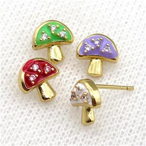 copper mushroom Stud Earring with Enameled, mix, gold plated, approx 9mm