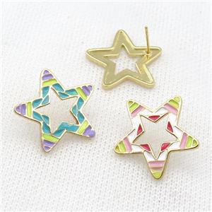 copper Star Stud Earring with Enameled, mixed, gold plated, approx 24mm