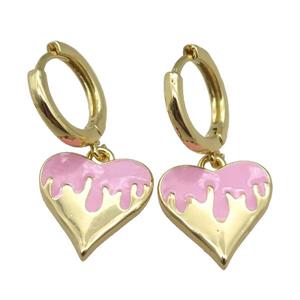 copper Hoop Earrings with Heart Pink Enamel, gold plated, approx 14mm, 14mm dia