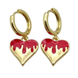 copper Hoop Earrings with Heart Red Enamel, gold plated, approx 14mm, 14mm dia