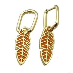 copper Latchback Earrings with Enamel Leaf, gold plated, approx 9-23mm, 12x16mm